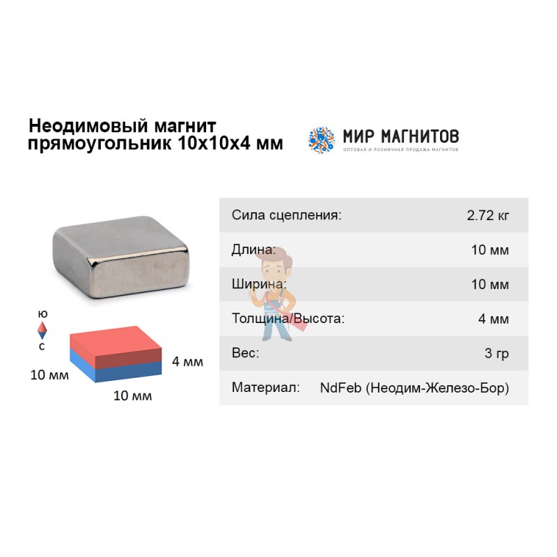 Неодимовый магнит прямоугольник 10х10х4 мм - фото 5