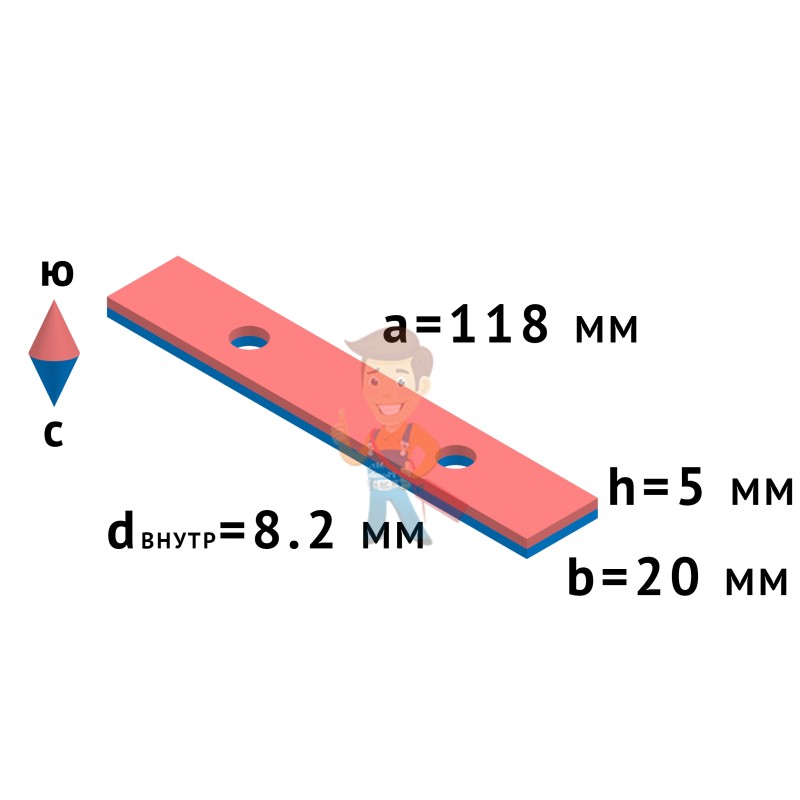 Неодимовый магнит прямоугольник 118х20х5 мм, N42M, с двумя отверстиями D8.2 мм. цинк - фото 2