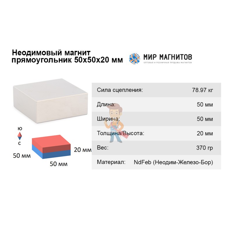 Неодимовый магнит прямоугольник 50х50х20 мм - фото 3